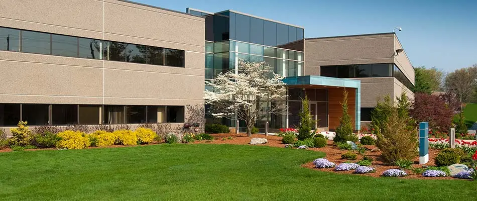 Well-maintained commercial landscape with trimmed hedges and green lawn