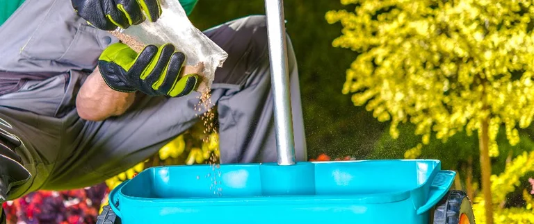 Worker filling spreader with chinch bug treatment