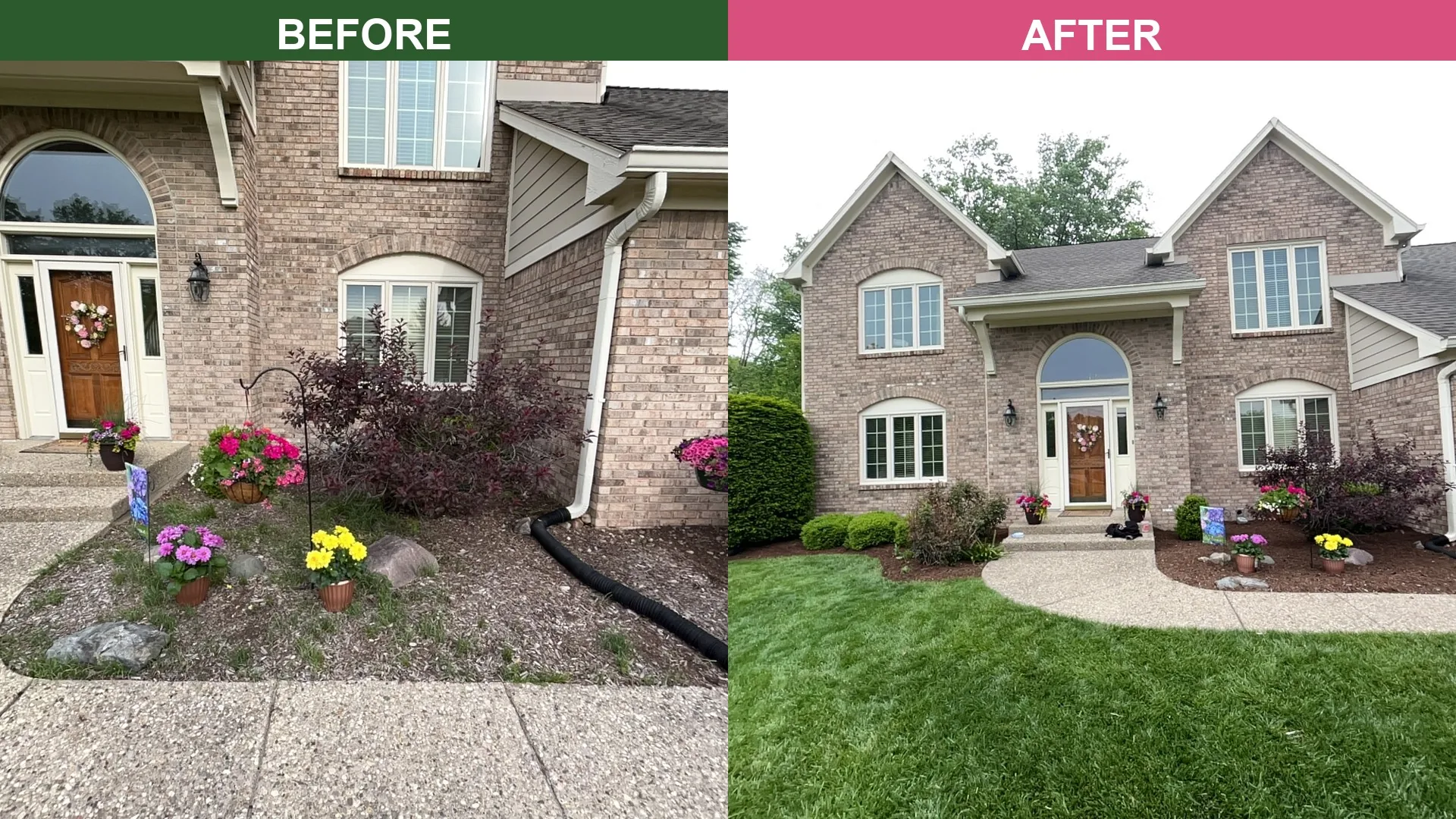 Before and after of a Fishers landscape bed renovation showing fresh mulch installation around a brick home
