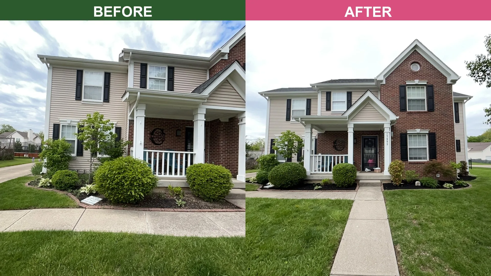 Before and after of a Noblesville landscape bed mulch installation showing fresh dark mulch and trimmed plants