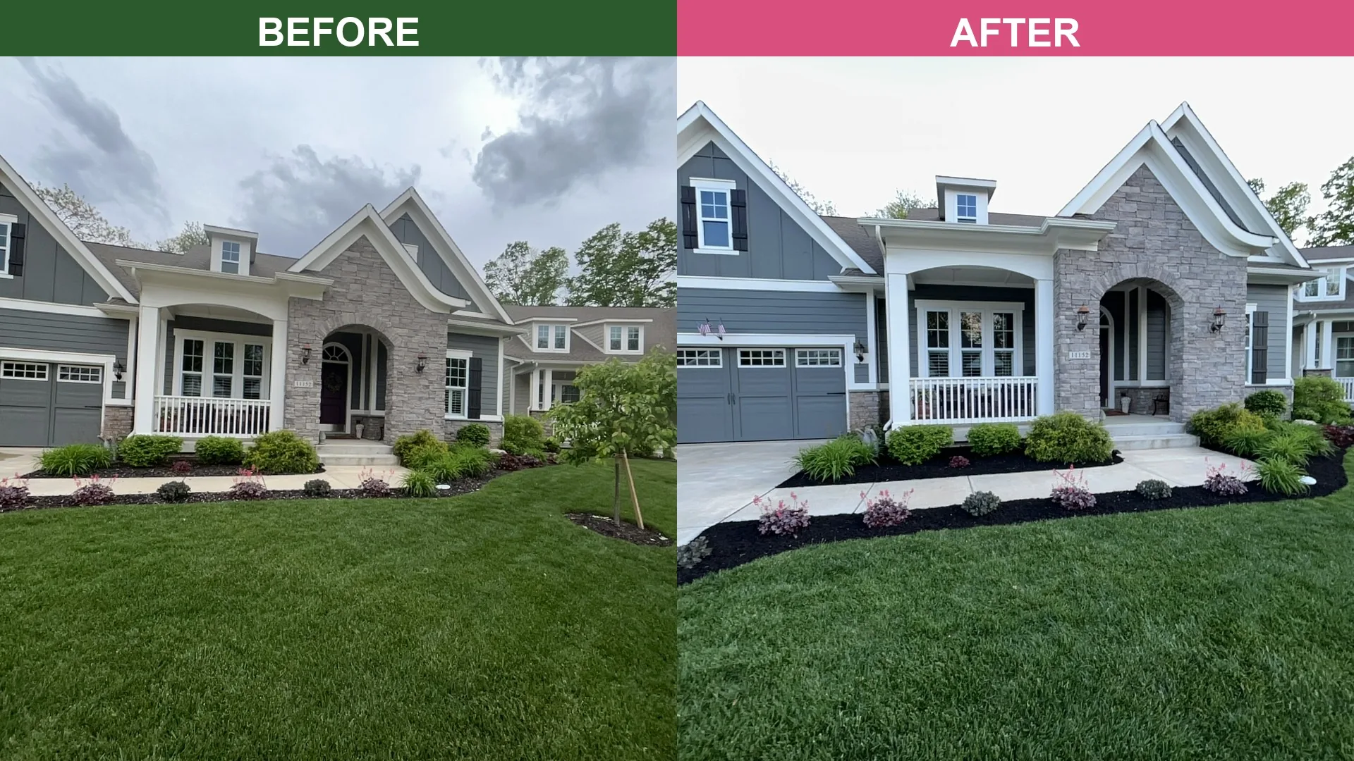 Before and after of a Westfield mulch refresh on a craftsman home showing fresh black mulch and defined bed edges